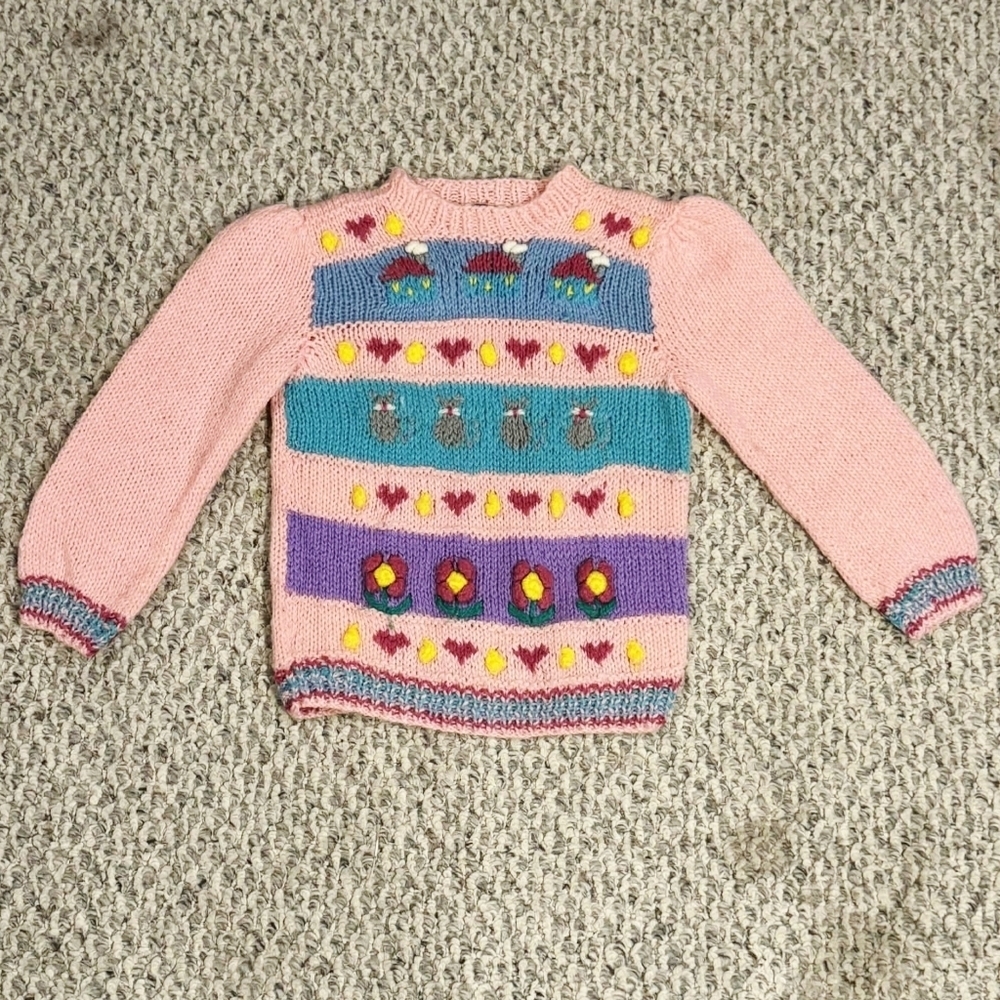 Vintage Popsicle Sweater 3D Knit Cats Flowers Hearts Girl's Size 7 Pink 80's EUC